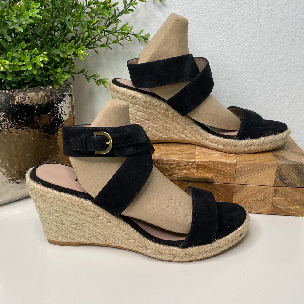 Stuart Weitzman Lexia Espadrille Wedge Sandal Ankle Strap Black Suede Size 8 - Picture 2 of 13